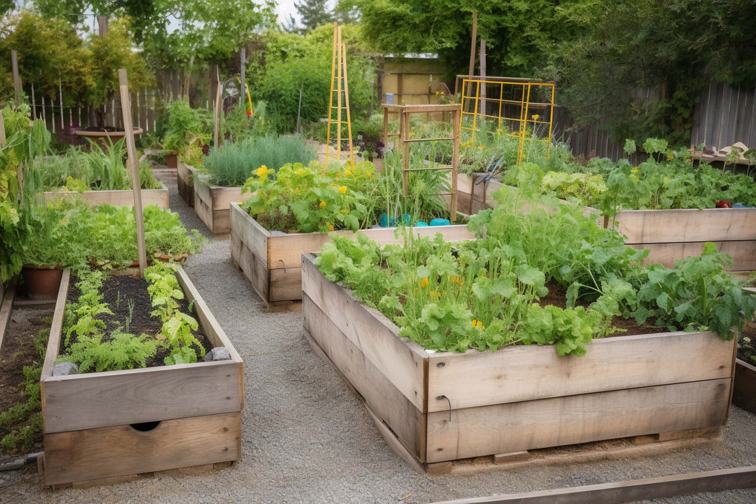 A photo of raised garden beds with aromatics and vegetables