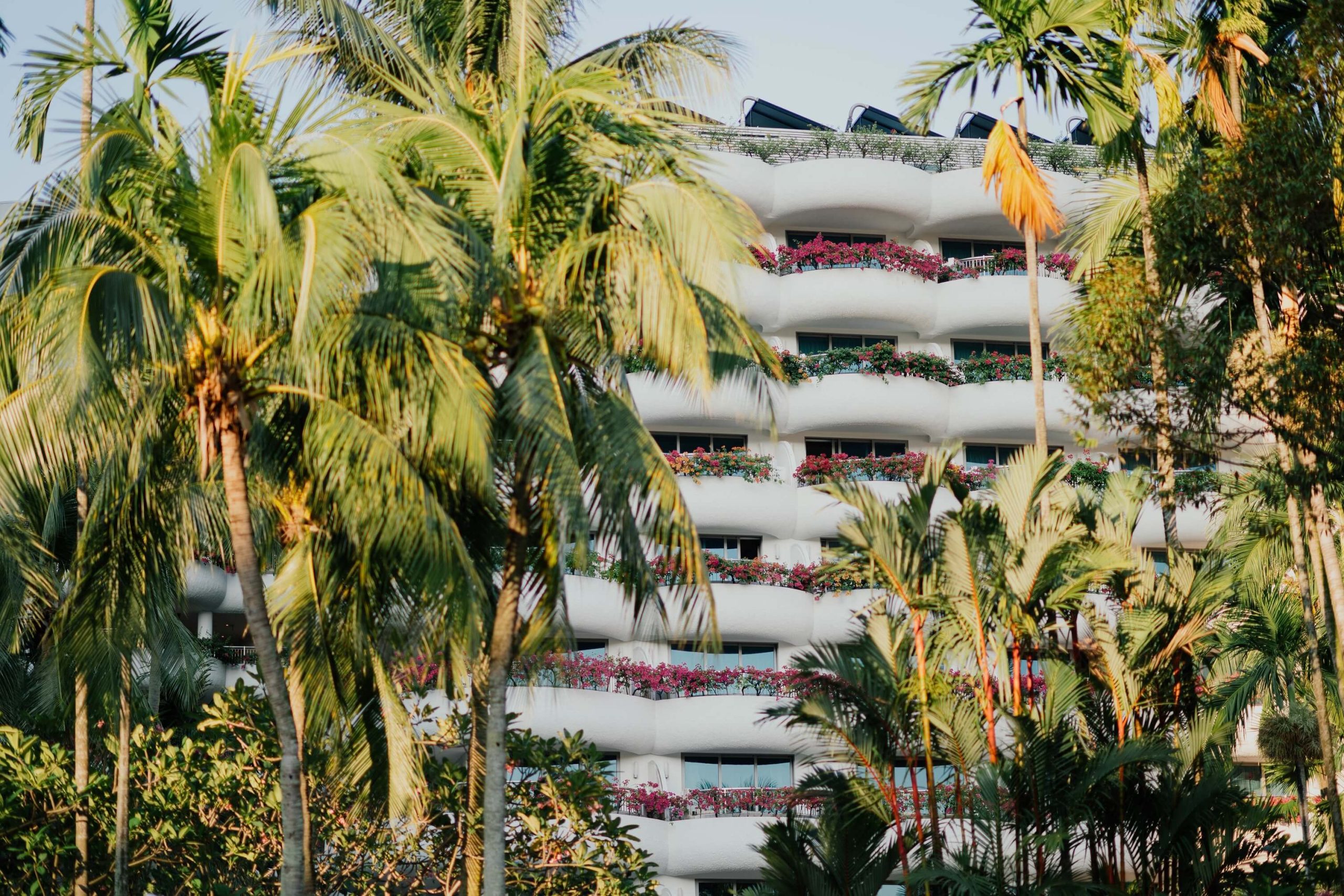 A photo of the front of a resort with palm trees